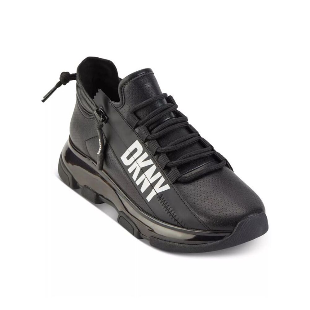 DKNY Womens Black Stripe Lace Up Logo Tokyo Round Toe Wedge Sneakers Shoes 6.5 M